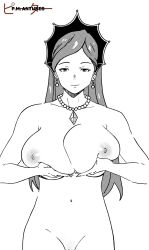 Rule 34 | 1girl, breast hold, breasts, grabbing own breast, highres, hilda boreas greyrat, jewelry, large breasts, legs, long hair, looking at viewer, mature female, monochrome, mushoku tensei, navel, necklace, nipples, nude, pearl necklace, pubic hair, pussy, pussy peek, solo, thick thighs, thighs, tiara