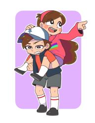 Rule 34 | 1boy, 1girl, baseball cap, blush stickers, braces, brother and sister, brown eyes, brown hair, dipper pines, frown, gravity falls, grimace, hairband, hat, long hair, mabel pines, moyori, open mouth, piggyback, pointing, rainbow, short hair, shorts, siblings, skirt, smile, socks, sweat, sweatdrop, sweater, vest