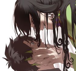 Rule 34 | 2boys, ashiya douman (fate), black hair, black sclera, blue eyes, cliff (42961931), colored sclera, eye contact, fate/grand order, fate (series), fingernails, fujimaru ritsuka (male), green nails, hands on another&#039;s face, height difference, highres, long fingernails, long hair, looking at another, looking down, looking up, male focus, multiple boys, red eyes, short hair, simple background, upper body, white background