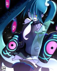 Rule 34 | 1girl, absurdres, bare shoulders, black sleeves, black thighhighs, commentary, creatures (company), detached sleeves, dwotea, english commentary, game freak, ghost miku (project voltage), glitch, grey shirt, hair between eyes, hatsune miku, highres, long hair, necktie, nintendo, pokemon, project voltage, shaded face, shirt, signature, sleeves past fingers, sleeves past wrists, solo, thighhighs, twintails, very long hair, vocaloid, yellow eyes