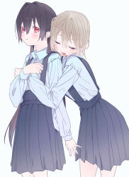 Rule 34 | 2girls, absurdres, black hair, blue shirt, blue skirt, blush, closed eyes, closed mouth, commentary request, hair between eyes, highres, hug, hug from behind, light brown hair, long hair, long sleeves, multiple girls, open mouth, original, pleated skirt, red eyes, shirt, simple background, skirt, suspender skirt, suspenders, twintails, valentine (02140314c), very long hair, white background, yuri