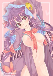 Rule 34 | 1girl, absurdres, blue ribbon, blush, breasts, capelet, crescent, crescent hair ornament, eyebrows, frills, hair ornament, hair ribbon, hat, head tilt, highres, jigsaw (iori), long hair, long sleeves, looking at viewer, navel, nightcap, nipples, no panties, open clothes, open mouth, patchouli knowledge, purple hair, red eyes, red ribbon, ribbon, smile, solo, teeth, touhou, tress ribbon, twitter username, very long hair