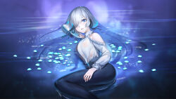 Rule 34 | 1girl, arm behind head, ass, bare shoulders, blue eyes, blush, breasts, cha neung, grey hair, highres, large breasts, long hair, looking at viewer, one eye covered, original, pants, petals, petals on liquid, smile, water, wet, wet clothes