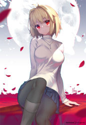 Rule 34 | 1girl, antenna hair, arcueid brunestud, arm behind back, arm support, artist name, black pantyhose, blonde hair, blue skirt, blush, boots, breasts, chromatic aberration, closed mouth, feet out of frame, fingernails, foot up, full moon, head tilt, hong (white spider), jewelry, knee boots, large breasts, long sleeves, looking at viewer, miniskirt, moon, necklace, pantyhose, patreon username, petals, pleated skirt, red eyes, short hair, signature, sitting, skirt, smile, solo, sweater, tsukihime, tsukihime (remake), turtleneck, turtleneck sweater, underwear, upskirt, white sweater