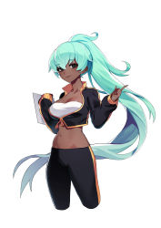 Rule 34 | 1girl, absurdres, aqua hair, black eyes, breasts, cleavage, clipboard, closed mouth, crop top, cropped legs, dark-skinned female, dark skin, highres, jacket, large breasts, leggings, long hair, looking at viewer, midriff, mmlyno, navel, original, pants, ponytail, simple background, smile, solo, strapless, tight clothes, tight pants, track jacket, tube top, very long hair, white background