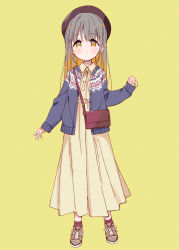 Rule 34 | 1girl, bag, beret, black hat, black jacket, blush, brown dress, brown eyes, brown footwear, brown hair, brown socks, closed mouth, collared dress, dress, full body, hat, highres, jacket, long hair, long sleeves, looking at viewer, meito (maze), multicolored hair, open clothes, open jacket, original, pleated dress, shoes, shoulder bag, simple background, sleeves past wrists, smile, socks, solo, standing, two-tone hair, yellow background