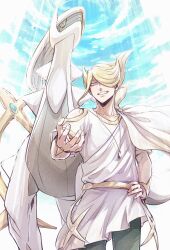 1boy arceus belt black_pants blonde_hair cape cloud cloudy_sky collarbone commentary_request creatures_(company) game_freak gen_4_pokemon green_eyes grin gura_(rick_grick) hair_over_one_eye hand_on_own_hip legendary_pokemon light_rays looking_at_viewer male_focus mythical_pokemon nintendo official_alternate_costume outstretched_arm pants pokemon pokemon_(creature) pokemon_legends:_arceus shirt short_sleeves side_cape sky smile standing sunbeam sunlight teeth volo_(pokemon) white_cape white_shirt yellow_eyes