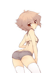Rule 34 | 1girl, :/, antenna hair, ass, back, bad id, bad pixiv id, bikini, bikini top only, blush, breasts, brown eyes, brown hair, covered erect nipples, cowboy shot, flipped hair, from behind, from side, genderswap, genderswap (mtf), grey hair, hair between eyes, leaning forward, looking at viewer, looking back, short hair, short shorts, shorts, sideboob, simple background, small breasts, solo, swimsuit, thighhighs, tobi (one), white background, white thighhighs, yu-gi-oh!, yu-gi-oh! gx, yuki judai
