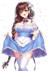 Rule 34 | 1girl, arm garter, bad id, bad twitter id, bell, blue ribbon, blush, braid, breasts, brown hair, cherry blossoms, cleavage, clothes lift, collarbone, dress, dress lift, eyebrows, garter straps, hair ornament, hair over shoulder, hair ribbon, highres, jingle bell, kanpani girls, lace, lace-trimmed legwear, lace trim, large breasts, lifted by self, long hair, looking at viewer, maid, maid headdress, mole, mole under eye, open mouth, petals, ribbon, senri gan, shirayuri sakura, simple background, single braid, smile, solo, standing, thighhighs, tress ribbon, very long hair, white background, white thighhighs, yellow eyes