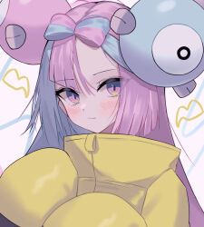 Rule 34 | 1girl, blue hair, blush, bow-shaped hair, character hair ornament, closed mouth, creatures (company), eyes visible through hair, game freak, hair ornament, hands up, highres, iono (pokemon), jacket, long hair, long sleeves, looking at viewer, low-tied long hair, multicolored hair, nintendo, osanzi, oversized clothes, pokemon, pokemon sv, portrait, purple eyes, purple hair, simple background, sleeves past fingers, sleeves past wrists, solo, split-color hair, two-tone hair, upper body, very long sleeves, white background, yellow jacket