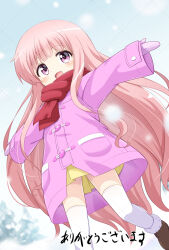 1girl :d boots brown_boots coat commentary_request commission fur-trimmed_boots fur_trim hakamada_hinata highres long_hair long_sleeves mittens mogura2009 open_mouth outstretched_arms pink_coat pink_eyes pink_hair pink_mittens red_scarf rou-kyuu-bu! scarf sidelocks skeb_commission skirt smile snowing solo spread_arms tareme thighhighs watermark watermark_grid white_thighhighs winter_clothes yellow_skirt