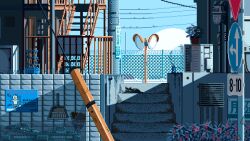 Rule 34 | animated, animated gif, bird, cat, chain-link fence, commentary request, day, fence, mae 1031, no humans, original, outdoors, pixel art, plant, potted plant, power lines, railing, road sign, scenery, sign, stairs, traffic mirror