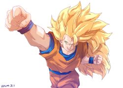 Rule 34 | 1boy, absurdres, alternate eye color, arm up, blonde hair, blue shirt, blue wristband, clenched hands, commentary request, dated, dragon ball, dragonball z, green eyes, hair between eyes, highres, long hair, looking at viewer, muscular, muscular male, no eyebrows, open mouth, orange pants, orange vest, pants, punching, serious, shirt, short sleeves, simple background, solo, son goku, spiked hair, super saiyan, super saiyan 3, very long hair, vest, white background, x&amp;x&amp;x