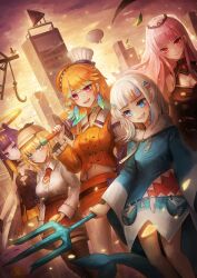 Rule 34 | 5girls, absurdres, blonde hair, city, everyone, gawr gura, gawr gura (1st costume), grey hair, highres, holding, holding weapon, hololive, hololive english, holomyth, mori calliope, mori calliope (1st costume), multiple girls, ninomae ina&#039;nis, ninomae ina&#039;nis (1st costume), open mouth, orange hair, outdoors, pink hair, purple hair, sharp teeth, smile, sunset, takanashi kiara, takanashi kiara (1st costume), teeth, virtual youtuber, watson amelia, watson amelia (1st costume), weapon, ziteng yue