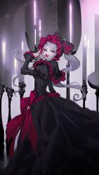 Rule 34 | 1girl, bonnet, bow, candle, candlestand, dress, fangs, gothic lolita, grey hair, hair bow, hand up, highres, lolita fashion, long sleeves, nanase miri, open mouth, overlord (maruyama), pale skin, ponytail, purple eyes, shalltear bloodfallen, sidelocks, slit pupils, solo, tongue, tongue out, vampire