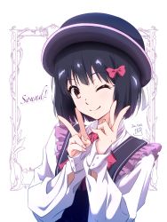 Rule 34 | 1girl, ;), black hair, black hat, brown eyes, closed mouth, commentary request, dated, double v, hat, hibike! euphonium, highres, hisaishi kanade, long sleeves, looking at viewer, nii manabu, one eye closed, short hair, signature, smile, solo, upper body, v, white background