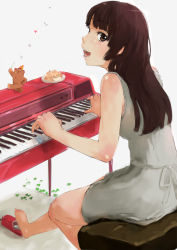Rule 34 | 1girl, bad id, bad pixiv id, barefoot, blush, brown eyes, brown hair, cake, female focus, food, highres, instrument, long hair, looking back, musical note, nimirom, original, pastry, pedal (instrument), piano, piano bench, smile, solo, white background