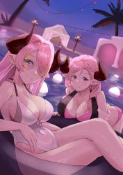 Rule 34 | 2girls, blue eyes, blush, braid, breasts, cleavage, demon horns, draph, granblue fantasy, hair ornament, hair over one eye, highres, horns, innertube, large breasts, laruna (granblue fantasy), lifebuoy, light purple hair, long hair, looking at viewer, low tied hair, mother and daughter, multiple girls, nail polish, narmaya (granblue fantasy), one-piece swimsuit, one eye closed, pink hair, pointy ears, pool, single braid, smile, smodzz998, sunglasses, swim ring, swimsuit, tinted eyewear, wet, white one-piece swimsuit, yellow-tinted eyewear, yellow-tinted glasses