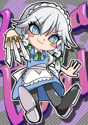 Rule 34 | 1girl, absurdres, apron, black footwear, black pantyhose, blue eyes, blue skirt, blue vest, blush stickers, bow, braid, breasts, chibi, closed mouth, collared shirt, frilled apron, frills, full body, grey background, hair between eyes, highres, holding, holding knife, izayoi sakuya, knife, looking at viewer, mahoro (minase mahoro), maid headdress, medium hair, pantyhose, polka dot, polka dot background, shirt, shoe soles, shoes, short sleeves, silver hair, skirt, skirt set, small breasts, smile, solo, touhou, twin braids, v-shaped eyebrows, vest, waist apron, white apron, white bow, white shirt