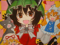 Rule 34 | 1girl, = =, ^ ^, animal ears, blonde hair, brooch, brown eyes, brown hair, cat, cat ears, cat tail, character doll, checkered background, chen, closed eyes, eyelashes, closed eyes, fangs, female focus, hand puppet, hat, hat ribbon, hat with ears, heart, high collar, highres, jewelry, juliet sleeves, long sleeves, looking at viewer, marker (medium), mob cap, multiple tails, o o, open mouth, paw print, puffy sleeves, puppet, ribbon, rokokumya, short hair, solo, tabard, tail, touhou, traditional media, upper body, vest, yakumo ran, yakumo yukari