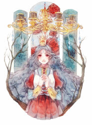 Rule 34 | 1girl, bare tree, buttons, center frills, chandelier, collared shirt, commentary, cowboy shot, cross-laced vest, crown, crystal, dress, eyelashes, flower, frills, grey hair, huangpi sang, interlocked fingers, layered sleeves, long hair, long sleeves, looking at viewer, mini crown, original, own hands clasped, own hands together, painting (medium), parted lips, pinstripe pattern, pinstripe shirt, puffy short sleeves, puffy sleeves, red dress, red eyes, red flower, red rose, red sleeves, rose, shirt, short over long sleeves, short sleeves, simple background, smile, solo, striped clothes, striped shirt, symbol-only commentary, traditional media, tree, vertical-striped clothes, vertical-striped shirt, vertical-striped sleeves, vest, watercolor (medium), wavy hair, white background, white shirt, white sleeves, white vest, yellow headwear