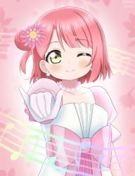 Rule 34 | 1girl, ;), artist name, artist request, awakening promise (love live!), belt, blush, bow, braid, braided bun, breasts, cleavage, close-up, collarbone, dress, dress bow, earrings, female focus, flower, frilled dress, frilled skirt, frills, gloves, green eyes, hair bun, hair flower, hair ornament, highres, jewelry, looking at viewer, love live!, love live! nijigasaki high school idol club, love live! school idol festival, m/, miniskirt, musical note, necklace, one eye closed, orange hair, parted lips, pearl earrings, pearl necklace, pink background, pink belt, pink bow, pink dress, pink flower, pink lips, pink skirt, pink wrist cuffs, plaid, plaid dress, plaid skirt, pleated, pleated dress, pleated skirt, puffy short sleeves, puffy sleeves, red hair, short hair, short sleeves, side bun, single side bun, skirt, skirt under dress, small breasts, smile, solo, two-tone dress, uehara ayumu, white dress, white gloves, wink, wrist cuffs, yellow eyes