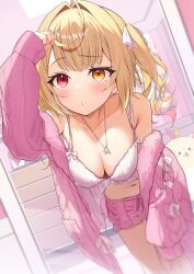 Rule 34 | 1girl, absurdres, blonde hair, blush, breasts, camisole, cleavage, collarbone, equal (heartstrings), hair ribbon, heterochromia, highres, hoshikawa sara, indoors, jewelry, long sleeves, medium breasts, mirror, necklace, nijisanji, open clothes, pink shorts, pink sweater, red eyes, ribbon, shorts, side ponytail, solo, standing, star (symbol), star necklace, sweater, thighs, virtual youtuber, white camisole, white ribbon, yellow eyes