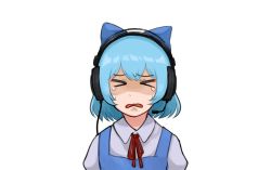 Rule 34 | &gt; &lt;, 1girl, blue bow, blue hair, blue skirt, bow, cable, cirno, commentary, crying, english commentary, hair bow, headphones, headset, highres, looking at viewer, microphone, neck ribbon, nvi2762, portrait, red ribbon, ribbon, shirt, short hair, skirt, solo, straight-on, suspender skirt, suspenders, tearing up, touhou, transparent background, wavy mouth, white shirt