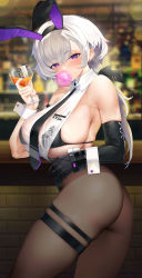 Rule 34 | 1girl, absurdres, animal ears, arm strap, ass, azur lane, bar (place), bare shoulders, bikini, bikini top only, black bikini, black hairband, black leotard, black neckwear, black pantyhose, black ribbon, blouse, blurry, blurry background, blush, bow, bowtie, breasts, chewing gum, chinese commentary, collared shirt, commentary request, cowboy shot, crop top, cup, earrings, elbow gloves, fake animal ears, gloves, grey hair, haihai (skeleton), hair between eyes, hair bow, hairband, highres, holding, holding cup, indoors, jewelry, large breasts, leotard, leotard under clothes, long hair, looking at viewer, low ponytail, metal gloves, mole, mole on armpit, mole on breast, mole on thigh, necktie, official alternate costume, pantyhose, parted hair, playboy bunny, purple eyes, rabbit ears, reno (azur lane), reno (reno bunnino) (azur lane), ribbon, see-through, see-through shirt, shirt, sideboob, sidelocks, single elbow glove, skindentation, sleeveless, sleeveless shirt, solo, standing, stud earrings, swimsuit, thigh strap, white bow, white bowtie, wrist cuffs