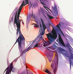 Rule 34 | 1girl, bare shoulders, commentary, english commentary, hair ornament, headband, long hair, looking at viewer, painting (medium), purple hair, red eyes, simple background, solo, sword art online, traditional media, watercolor (medium), white background, xabsolitex1, yuuki (sao)