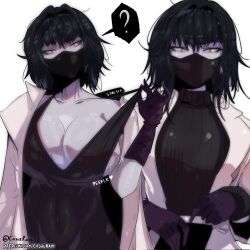 1girl ? alternate_costume black_gloves black_hair black_mask breasts casulrain dress gloves highres large_breasts mask mouth_mask original solo sweater turtleneck turtleneck_sweater twitter_username upper_body yellow_eyes