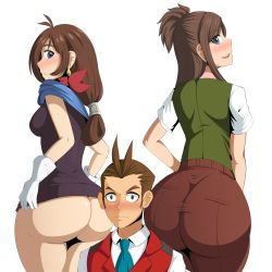 Rule 34 | 1boy, 2girls, ace attorney, apollo justice, blue eyes, blush, brown hair, earrings, ema skye, gloves, highres, jewelry, looking back, multiple girls, naver, simple background, sweat, trucy wright, white background, white gloves