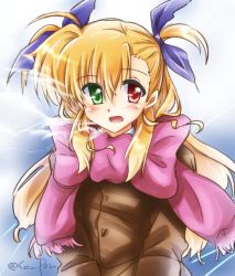 Rule 34 | 1girl, asymmetrical bangs, blonde hair, blue background, blue ribbon, bow, breath, brown coat, coat, green eyes, hair ribbon, heterochromia, large bow, long hair, long sleeves, looking at viewer, lyrical nanoha, mahou shoujo lyrical nanoha vivid, open mouth, pink bow, pink scarf, red eyes, ribbon, san-pon, scarf, smile, solo, standing, twitter username, two side up, upper body, vivio