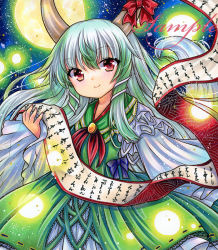 Rule 34 | 1girl, blue background, bow, closed mouth, commentary request, dress, green background, green dress, green hair, hair between eyes, head tilt, holding, holding scroll, horn bow, horn ornament, horns, kamishirasawa keine, layered dress, long hair, long sleeves, looking at viewer, marker (medium), multicolored background, multicolored hair, no headwear, orange brooch, red bow, red eyes, rui (sugar3), sample watermark, scroll, smile, solo, touhou, traditional media, watermark, white hair, wide sleeves