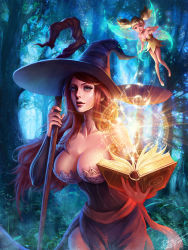 Rule 34 | 10s, 2015, 2girls, artist name, book, breasts, cleavage, dannis, dragon&#039;s crown, fairy, female focus, forest, hat, highres, holding, holding book, holding staff, large breasts, long hair, looking at viewer, magic, multiple girls, nature, open book, outdoors, plant, purple hat, sorceress (dragon&#039;s crown), staff, standing, tiki (dragon&#039;s crown), tree, witch, witch hat