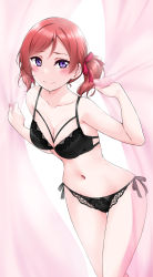 Rule 34 | 1girl, alternate hairstyle, bare arms, bare legs, black bow, black bra, black panties, blush, bow, bow panties, bra, breasts, cleavage, collarbone, curtains, floral print, hair ribbon, highres, looking at viewer, love live!, love live! school idol project, nail polish, navel, nishikino maki, panties, purple eyes, red ribbon, ribbon, see-through, side-tie panties, simple background, sleeveless, small breasts, solo, twintails, underwear, underwear only, white background, yopparai oni