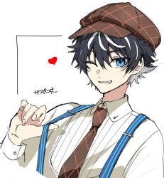 Rule 34 | 1boy, black hair, blue eyes, brown hat, brown necktie, cabbie hat, charlemagne (disguise costume) (fate), charlemagne (fate), collared shirt, commentary request, cropped torso, fate/grand order, fate (series), grin, hat, long sleeves, looking at viewer, male focus, mo (aabx315), multicolored hair, necktie, official alternate costume, one eye closed, shirt, smile, solo, streaked hair, suspenders, suspenders pull, white background, white hair, white shirt