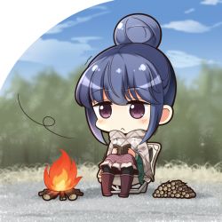 Rule 34 | 1girl, black pantyhose, blue hair, blue sky, blush, book, boots, brown footwear, brown skirt, campfire, chibi, closed mouth, cloud, commentary request, day, firewood, hair between eyes, hair bun, holding, holding book, long sleeves, outdoors, pantyhose, purple eyes, reading, shachoo., shima rin, single hair bun, sitting, skirt, sky, solo, trembling, wind, yurucamp