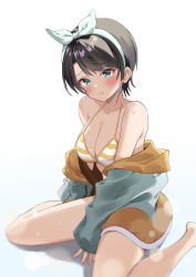 Rule 34 | 1girl, absurdres, aqua eyes, arm between legs, bare legs, bare shoulders, barefoot, bikini, blurry, blush, breasts, brown hair, cleavage, closed mouth, collarbone, depth of field, gradient background, hairband, halterneck, highres, hololive, hood, hoodie, large breasts, looking at viewer, medium breasts, nekonosippo0702, oozora subaru, oozora subaru (hololive summer 2019), open clothes, open hoodie, pout, short hair, simple background, sitting, sleeves past wrists, solo, striped bikini, striped clothes, swimsuit, virtual youtuber, yokozuwari