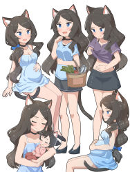 Rule 34 | 1girl, :d, absurdres, animal ear fluff, animal ears, baby, basket, black choker, black footwear, blue bow, blue eyes, blush, bow, brown hair, camisole, cat ears, cat tail, choker, closed mouth, clothes lift, fish, hair bow, hand up, high heels, highres, invisible chair, lifted by self, long hair, mao lian (nekokao), midriff, multiple views, open mouth, original, pregnant, purple shirt, shirt, shirt lift, sitting, smile, tail, aina (mao lian), very long hair