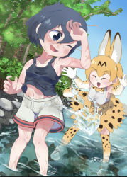 Rule 34 | 2girls, animal ear fluff, animal ears, animal print, black eyes, black hair, blonde hair, bow, bowtie, cat ears, cat tail, closed eyes, elbow gloves, footwear ribbon, gloves, happy, highres, idont hear, jungle, kaban (kemono friends), kemono friends, multiple girls, nature, pantyhose, playing, resolution mismatch, ripples, river, rock, serval (kemono friends), shirt, source smaller, splashing, tail, tank top, torn clothes, traditional bowtie, water, wet, wet clothes, wet hair, wet shirt
