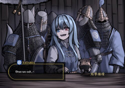 Rule 34 | 1girl, absurdres, adapted costume, allcy49, alternate hair length, alternate hairstyle, armor, bannerlord, blue eyes, blue hair, brown eyes, chainmail, chalice, character name, check commentary, check translation, commentary request, cup, dialogue box, helmet, heterochromia, highres, holding, holding cup, knight, latin text, long sleeves, looking at viewer, medieval, medium hair, mixed-language commentary, open mouth, red eyes, smile, table, tatara kogasa, touhou, translation request, upper body