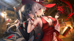 Rule 34 | 2girls, absurdres, armlet, bare shoulders, black collar, black gloves, black hair, black jacket, blood, blood on face, blurry, blurry background, blush, breasts, cleavage, closed mouth, collar, dress, earrings, flower, gloves, gun, hair behind ear, half gloves, hand on another&#039;s face, hand on another&#039;s waist, highres, holding, holding flower, holding gun, holding weapon, inoue takina, jacket, jewelry, large breasts, long hair, long sleeves, looking at viewer, lycoris recoil, mac-10/11, md5 mismatch, meion, multiple girls, necklace, necktie, nishikigi chisato, panties, panty peek, ponytail, purple eyes, red dress, red flower, red headwear, red necktie, resolution mismatch, shell casing, shirt, short hair, sleeveless, sleeveless dress, smoke, smoking barrel, source smaller, spider lily, submachine gun, underwear, upper body, weapon, white hair, white shirt, yellow eyes
