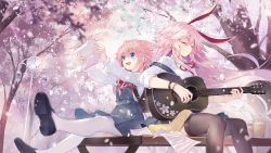 Rule 34 | 2girls, :d, animal ears, bench, benghuai xueyuan, black legwear, blue eyes, blue sky, bracelet, cherry blossoms, closed mouth, cup, closed eyes, fox ears, guitar, highres, holding, holding instrument, honkai (series), honkai impact 3rd, instrument, jewelry, lamppost, long sleeves, multiple girls, music, official art, open mouth, outdoors, paper, petals, pink hair, playing instrument, school uniform, sitting, sky, sleeves rolled up, smile, thighhighs, tree, white legwear, yae rin, yae sakura