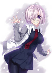 Rule 34 | 1girl, :d, black dress, black pantyhose, cowboy shot, dress, fate/grand order, fate (series), glasses, hair over one eye, highres, jacket, looking at viewer, mash kyrielight, necktie, open mouth, outstretched hand, pantyhose, purple eyes, purple hair, red necktie, short hair, smile, solo, yoshida takuma