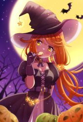 Rule 34 | 1girl, bare tree, bat (animal), belt, blush, breasts, candy, choker, cleavage, cross-laced clothes, cross-laced dress, earrings, eating, food, food in mouth, full moon, gloves, glowing, hair ornament, halloween, hat, hat ornament, head tilt, highres, holding, holding candy, holding food, holding lollipop, jack-o&#039;-lantern, jewelry, lollipop, long hair, looking at viewer, low ponytail, medium breasts, mmmera827, moon, night, orange eyes, orange hair, original, outdoors, puffy short sleeves, puffy sleeves, pumpkin, short sleeves, sky, solo, star (sky), star (symbol), star earrings, star hair ornament, star hat ornament, star ornament, starry sky, swirl lollipop, tree, very long hair, witch, witch hat