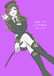 Rule 34 | 1girl, absurdres, aiguillette, black footwear, black hat, black jacket, black necktie, black shorts, boots, brown eyes, brown hair, collared shirt, commentary request, crossed legs, cuffs, dated, epaulettes, full body, handcuffs, hat, highres, holding, holding handcuffs, holding riding crop, jacket, knee boots, long hair, looking at viewer, military hat, necktie, nijisanji, parted lips, purple background, riding crop, shirayuki tomoe, shirt, shorts, simple background, sitting, solo, twitter username, virtual youtuber, white shirt, yuri kyanon