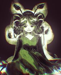 Rule 34 | 1girl, black eyes, cookie run, crying, crying with eyes open, dress, green dress, green hair, hair ornament, highres, humanization, juniperlatte, leaf, leaf hair ornament, matcha cookie, tears