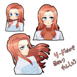 Rule 34 | 1girl, animification, apex legends, ashleigh reid, blue eyes, blue jacket, blush, breasts, brown sweater, expressionless, floating hair, frown, highres, jacket, lab coat, long hair, looking to the side, looking up, medium breasts, multiple views, orange hair, portrait, sacchan (sacchan 18), sketch, sweater, white background, white sweater