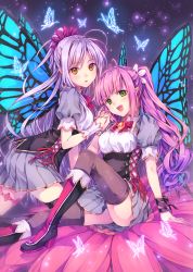 Rule 34 | 2girls, bad id, bad pixiv id, blush, boots, bug, butterfly, butterfly wings, fairy, flower, green eyes, grey skirt, insect, insect wings, interlocked fingers, long hair, looking at viewer, multiple girls, natsu natsuna, open mouth, orange eyes, original, pink hair, pointy ears, ponytail, puffy sleeves, purple hair, shirt, short sleeves, sitting, skirt, smile, thighhighs, wings